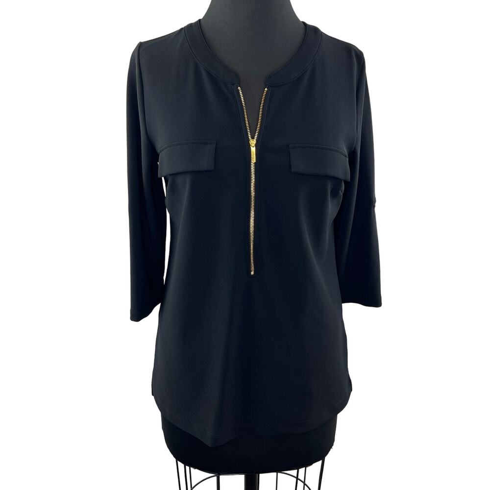Boston Proper Black Gold 1/2 Zip Front 3/4 Sleeve Roll-Tab Blouse Top Pockets S